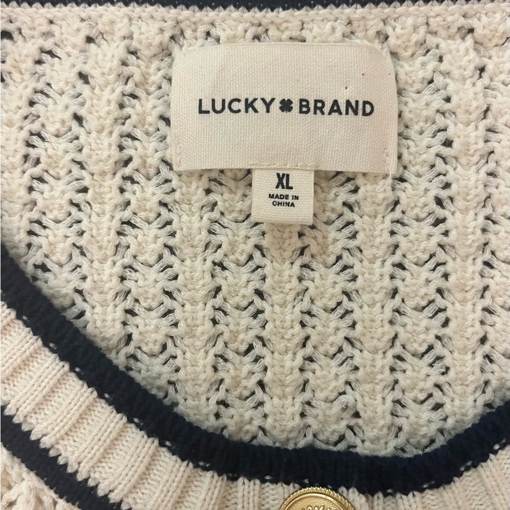 Lucky Brand Cream Cardigan with Navy Trim - Picture 2 of 8